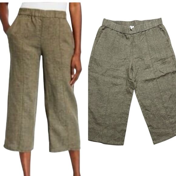 NWOT EILEEN FISHER Organic Linen Wide Leg Cropped Pant Green Size Large Petite - Picture 1 of 7